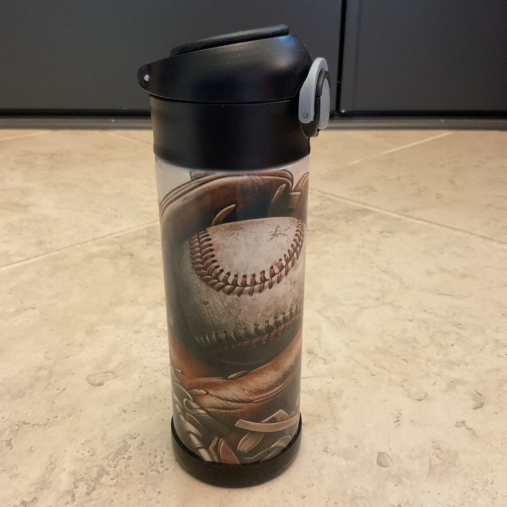 Baseball and Glove Insulated Stainless Steel Water Bottle with Straw Lid Black